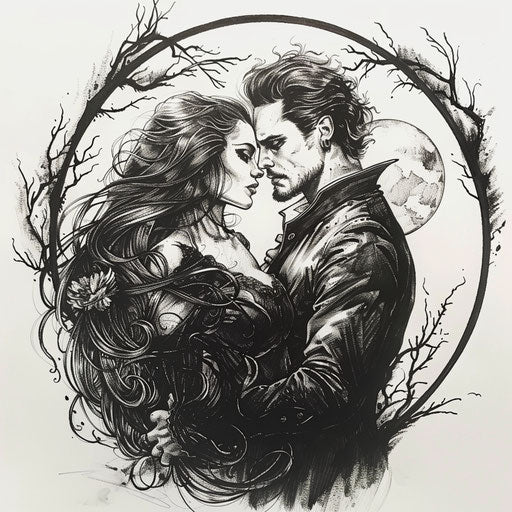 Flat tattoo sketch of a romantic vampire couple sharing a timeless embrace