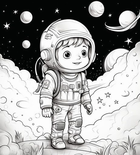 Coloring page of a little astronaut with stars