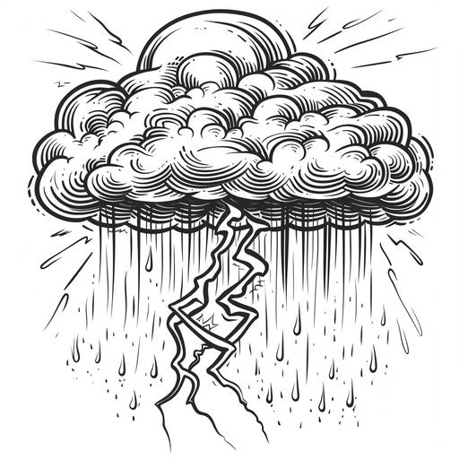 Storm cloud with lightning and rain on white background