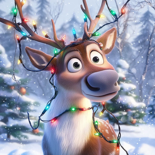 Cartoon reindeer trapped in Christmas lights, cheerful puzzlement