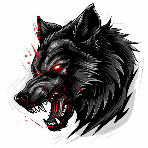 Vivid tattoo sketch of a snarling black wolf with red eyes