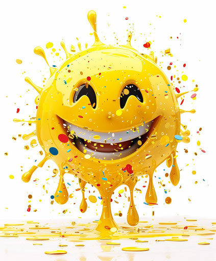 Confetti explosion smiling emoticon cartoon vector illustration, sculpted yellow melting UHD image, commission for 5:6