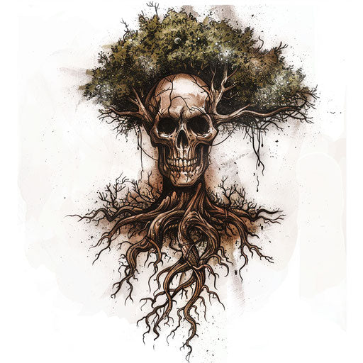 Surreal tattoo: tree roots forming skull, nature and death