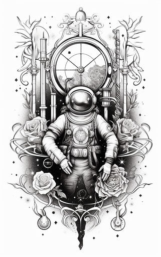 Astronaut with compass tattoo in space