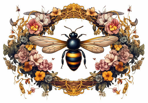 Golden queen bee with crown on flower wreath