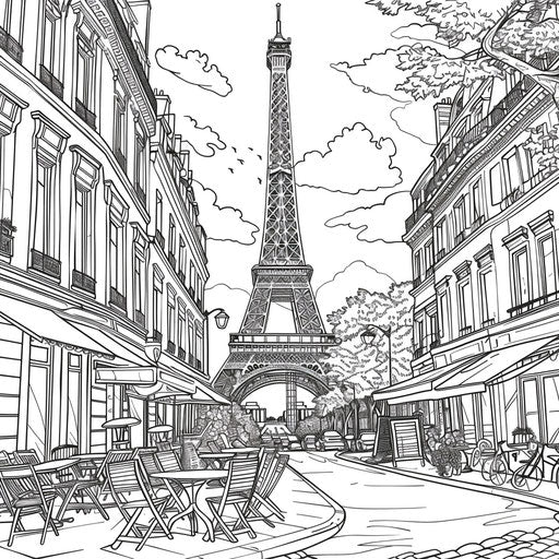 Eiffel Tower with Parisian cafes and street scenes at base