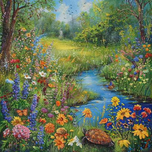 Vibrant Meadow with Wood Turtle by Babbling Brook