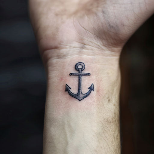 Small anchor tattoo, easy style by Guy Aitchison, wrist