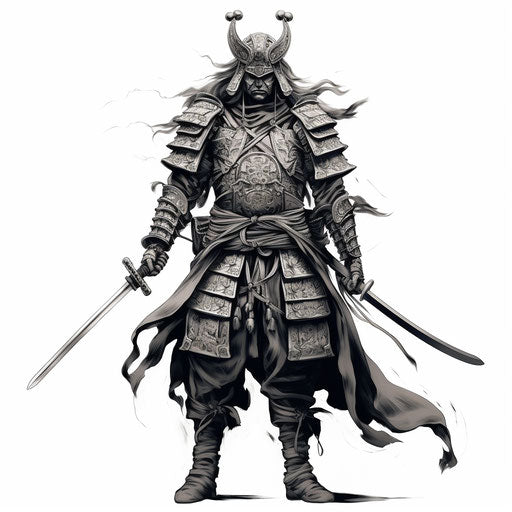 Drawing of a samurai in white line, dark gray detailed style