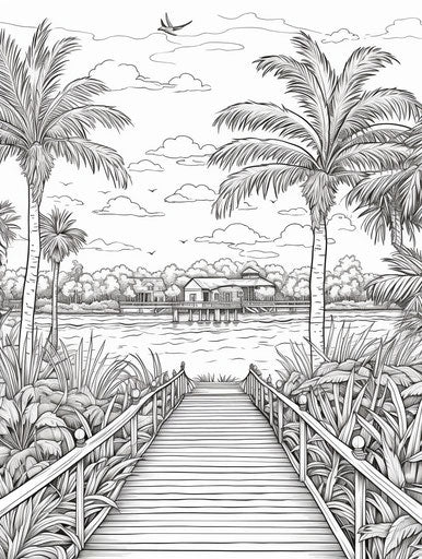 Black and white drawing of palm trees and a boardwalk, lovely style, hand-coloring 3:4