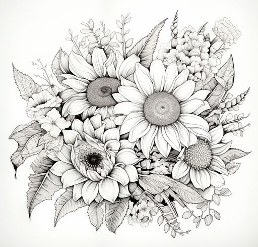 Detailed bouquet of sunflowers and leaves, mesmerizing