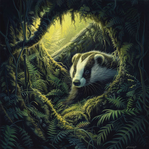 Badger emerging from burrow in lush forest