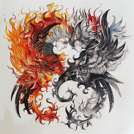 Fiery flat tattoo sketch of an angel and devil with flames