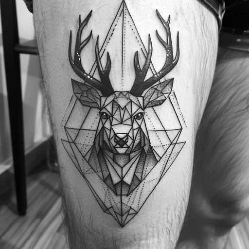 Geometric deer tattoo in black and gray on white canvas