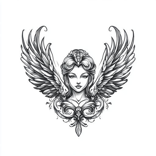 Flat clipart style tattoo sketch: guardian angel with detailed wings