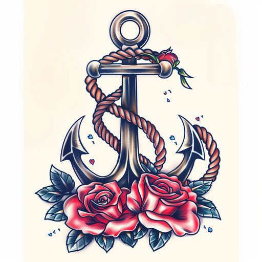 Nautical rope and anchor tattoo with roses on white background