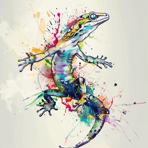 Dynamic flat tattoo sketch of a gecko leaping with energetic splashes of color