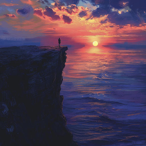 Silhouette on cliff overlooking ocean at sunset
