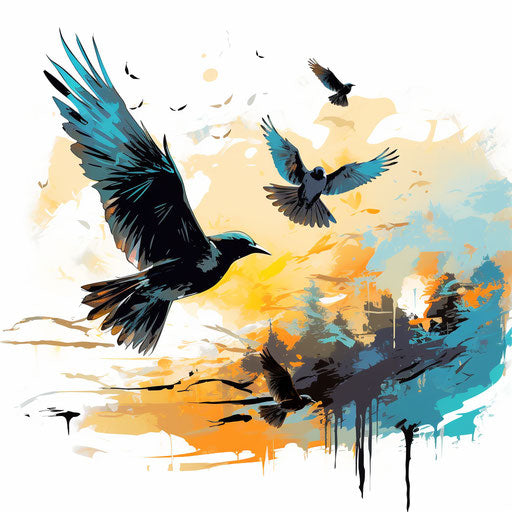Birds Silhouette in Impressionistic Art Style on White Background