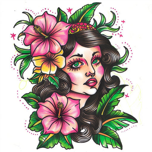 Exotic flat tattoo sketch of Venus adorned with exotic flowers, lush pink and green, clipart design