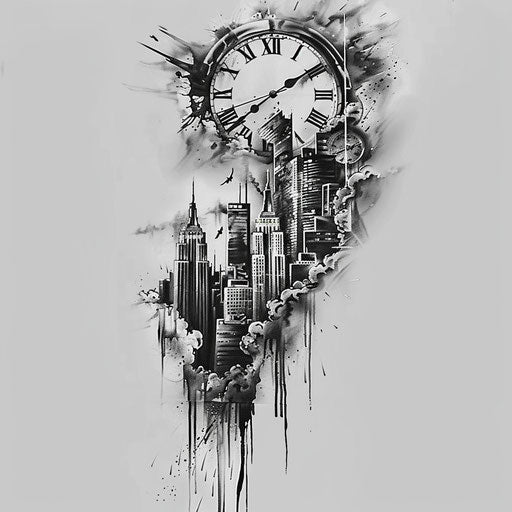 Tattoo sketch of a surrealistic clock melting over a cityscape, full sleeve for men