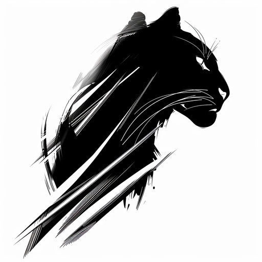 Minimalist black panther silhouette tattoo design, sharp and sleek, on a bright white background.