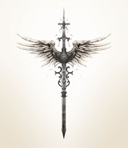 An old tattoo design with a long sword with wings