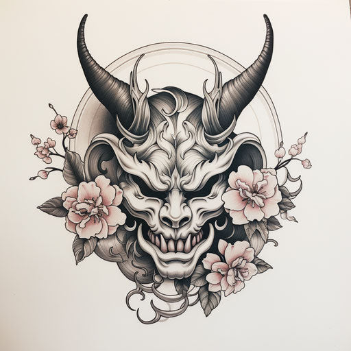 Japanese mask with horns and flower on white paper