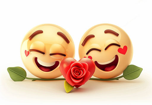 Two happy faces in love with a red heart and rose, clipart on white background