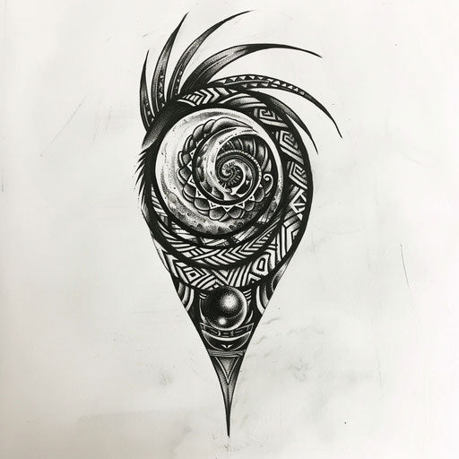 Cultural flat tattoo sketch of a black pearl with Polynesian tattoo patterns