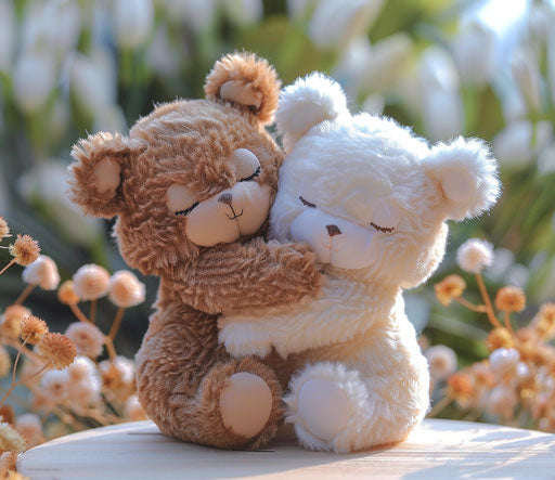Two cute teddy bears hugging, animated gif style, white and brown