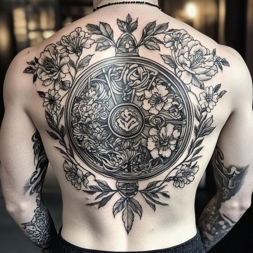 Viking tattoos for men with shield surrounded by floral patterns