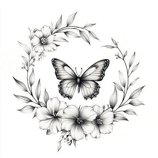 Tattoo-style butterfly and floral wreath on white background