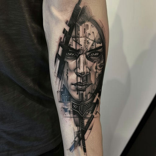 Strength tattoo with cyberpunk motifs, in the style of Adrian Smith