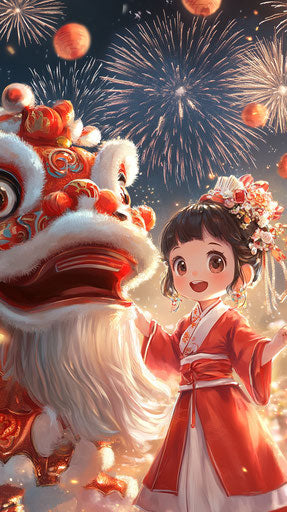 Anthropomorphic red and white snake and girl in lion dancer costume under fireworks