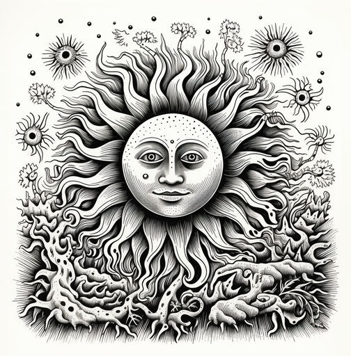Full face of the sun: Victorian-inspired black-and-white graphic