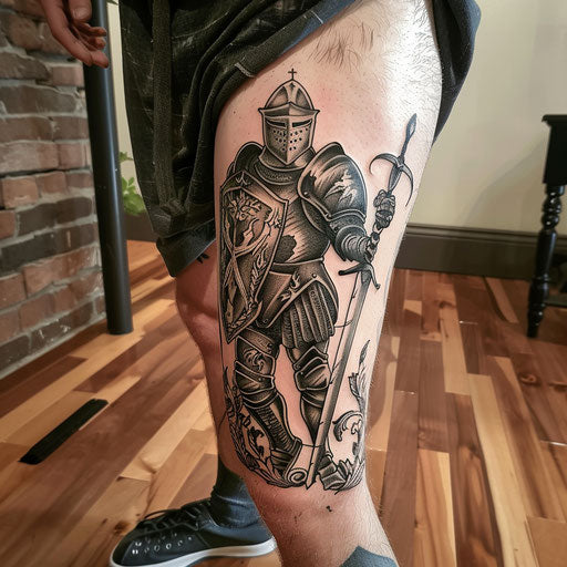 Knee tattoos in the style of David Palumbo with a fantasy knight