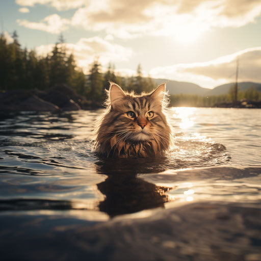Norwegian forest cat swimming in a lake by the shore