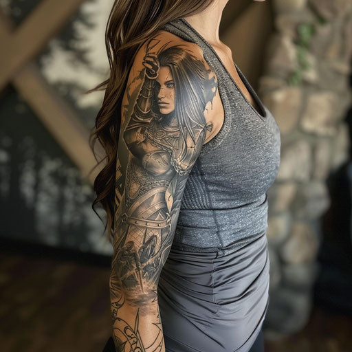 Dark sleeve tattoos for women with grim fantasy scenes