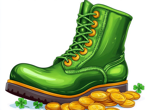 St. Patrick's Day, pot of gold coins, clover leaves, green boot