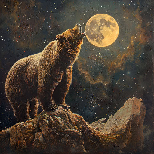 Grizzly bear howling at full moon in starry sky