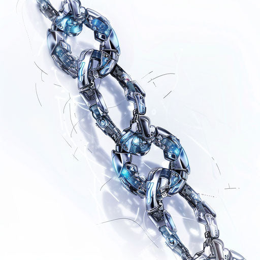 Futuristic chain tattoo with digital circuit patterns, in silver and blue, on white background.