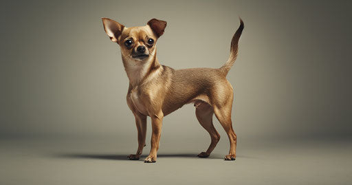 Brown dog on grey background, grandparent style, hispanic