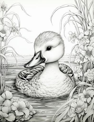 A duck in the water coloring pages, cartoonish motifs, caffenol developing, carved animal figures