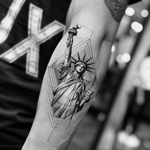 Detailed dotwork tattoo sketch of Statue of Liberty with geometric backdrop
