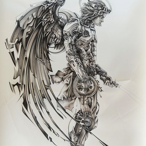 Biomechanical tattoo of Saint Michael on white background