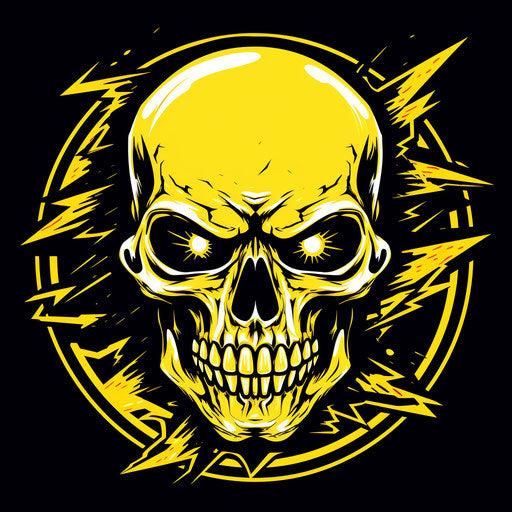 Lightning skull icon in black and yellow, retrocore style