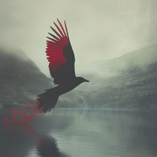 Black bird with red wings soaring over a lake