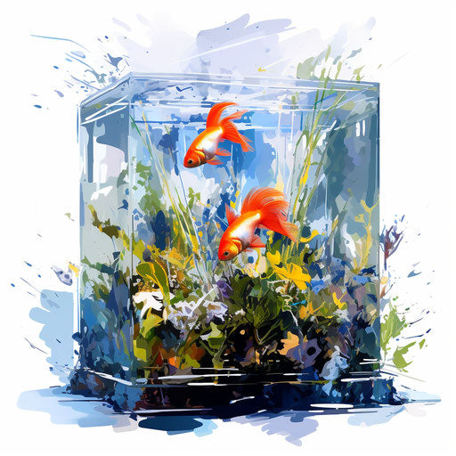 Impressionistic fish tank drawing on white background