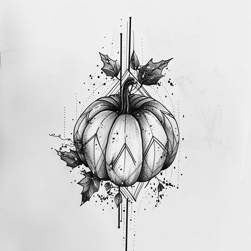Minimalist black and white tattoo sketch with geometric pumpkin design